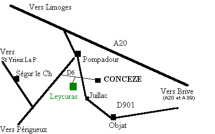 Plan d'acces depuis l'autoroute A20 de la ferme Vergers de Leycuras situ&eacute; sur la commune de Conc&egrave;ze en Corr&egrave;ze dans le Limousin